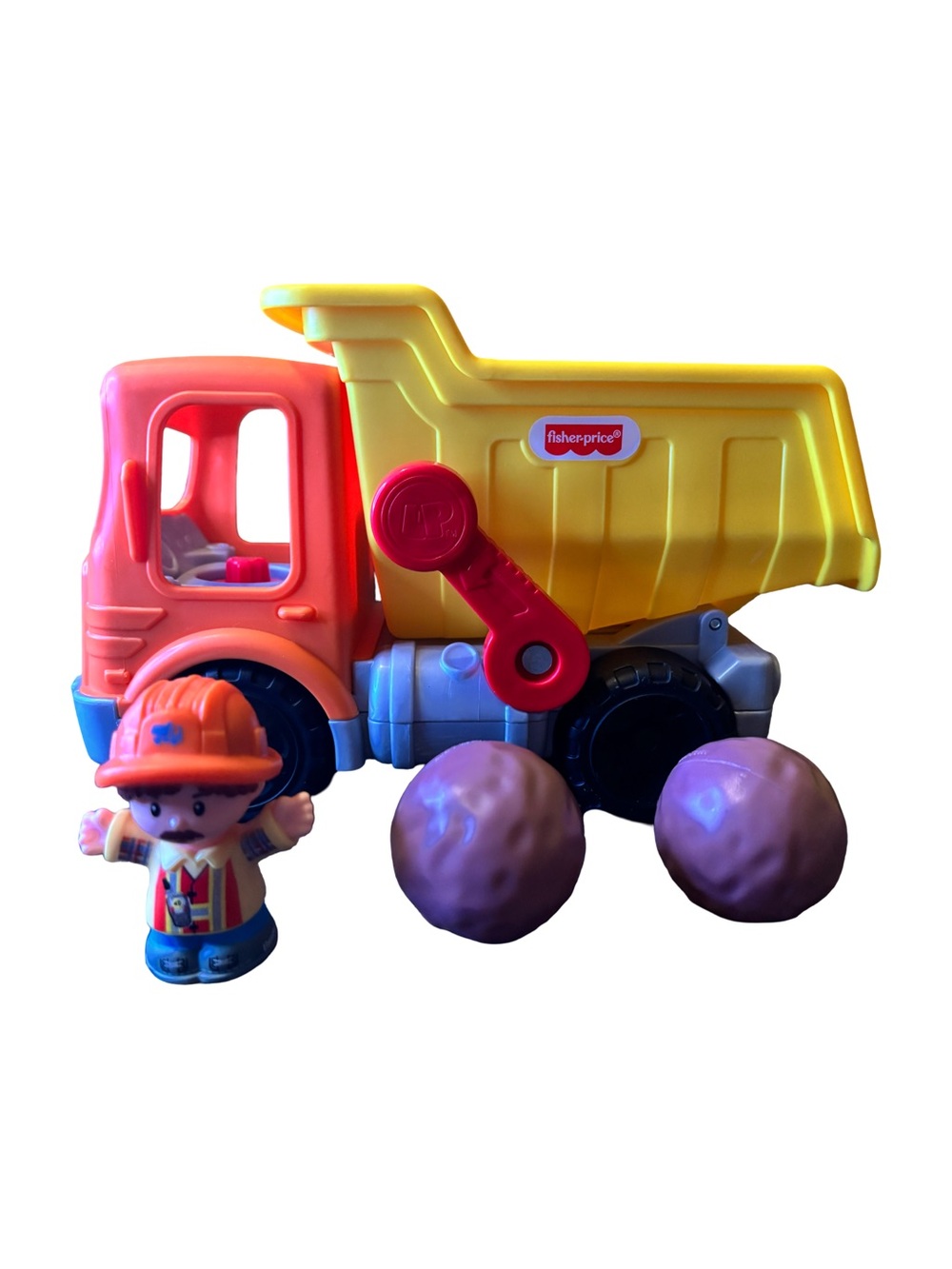 Fisher-Price Yellow & Orange Dump Truck with Worker and Purple Rocks